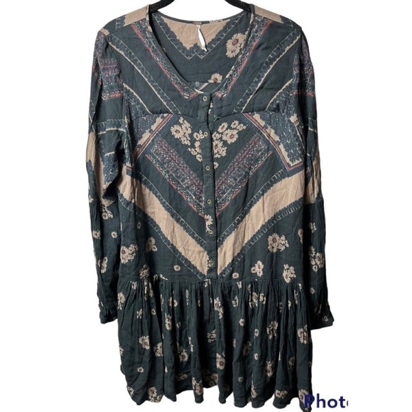 Free People Floral Chevron Pheasant Long Sleeve Tunic Dress - Picture 2 of 8